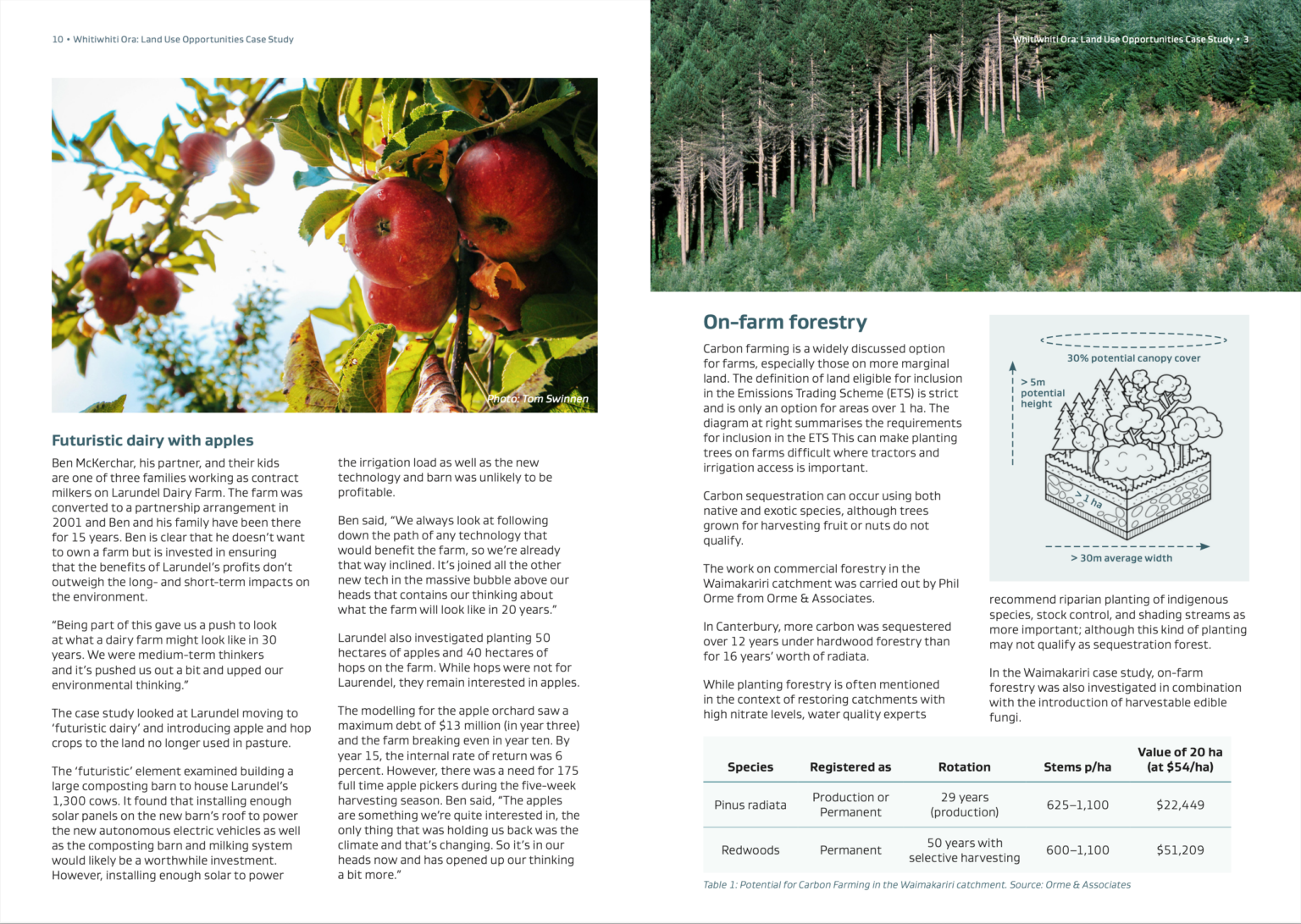 Spread from a case study from Whitiwhiti Ora: Land Use Opportunities Research