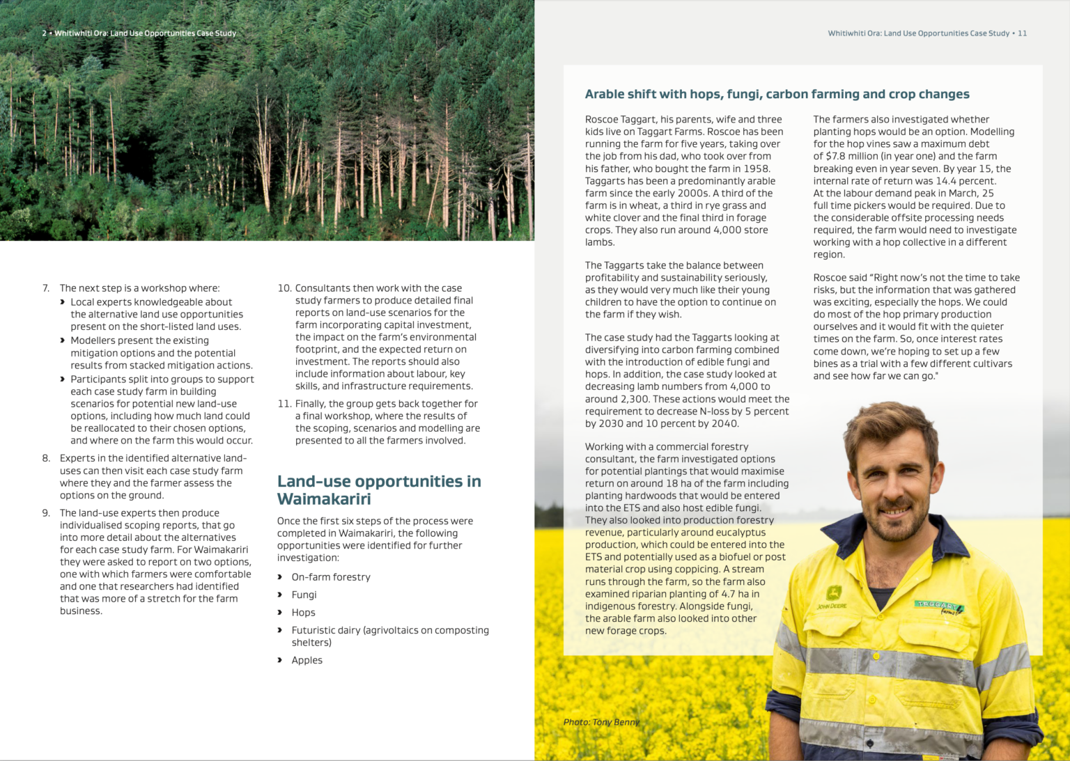 Spread from a case study from Whitiwhiti Ora: Land Use Opportunities Research
